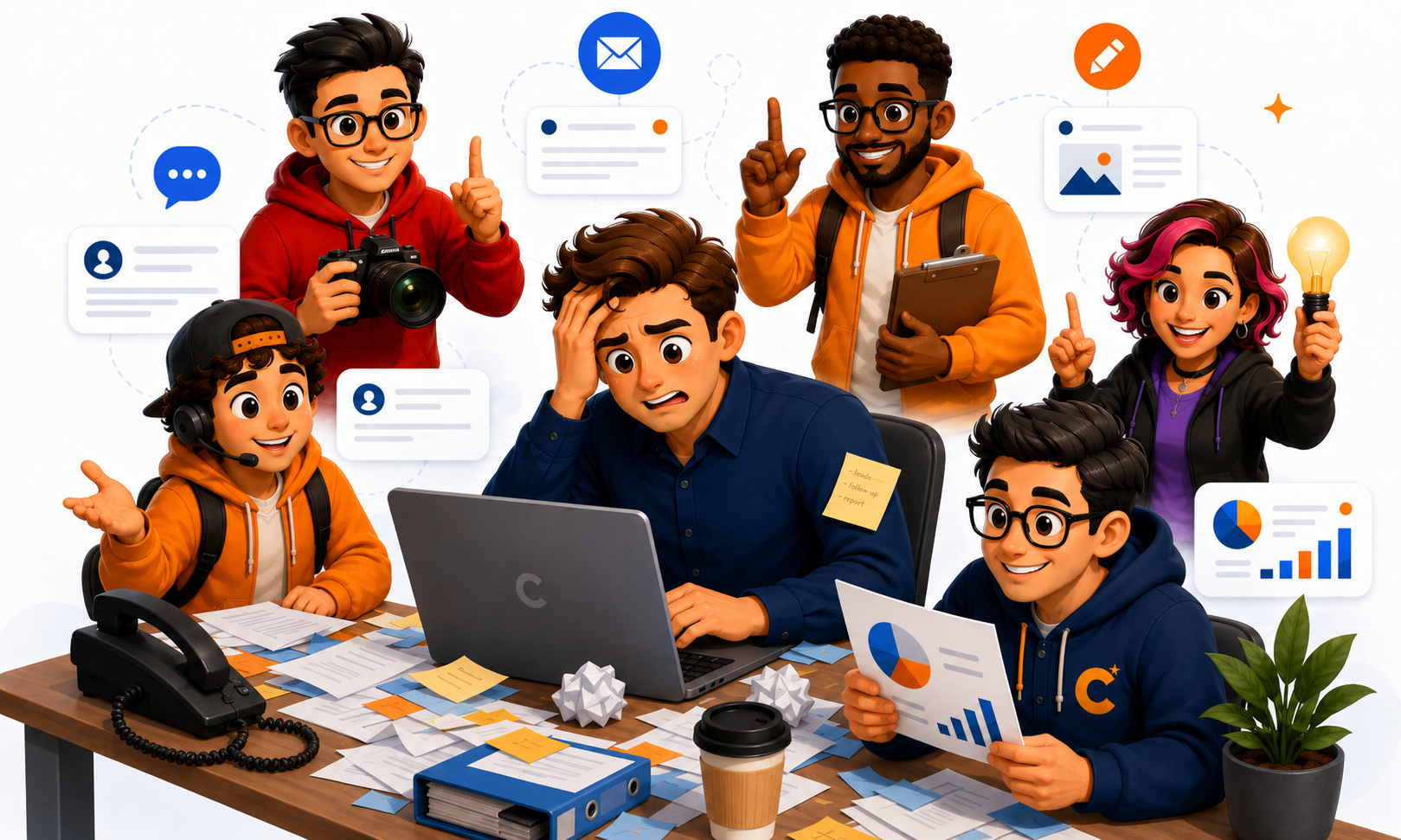 BusinessStaff AI staff helping an overwhelmed owner manage messages, follow-up, marketing, and reporting