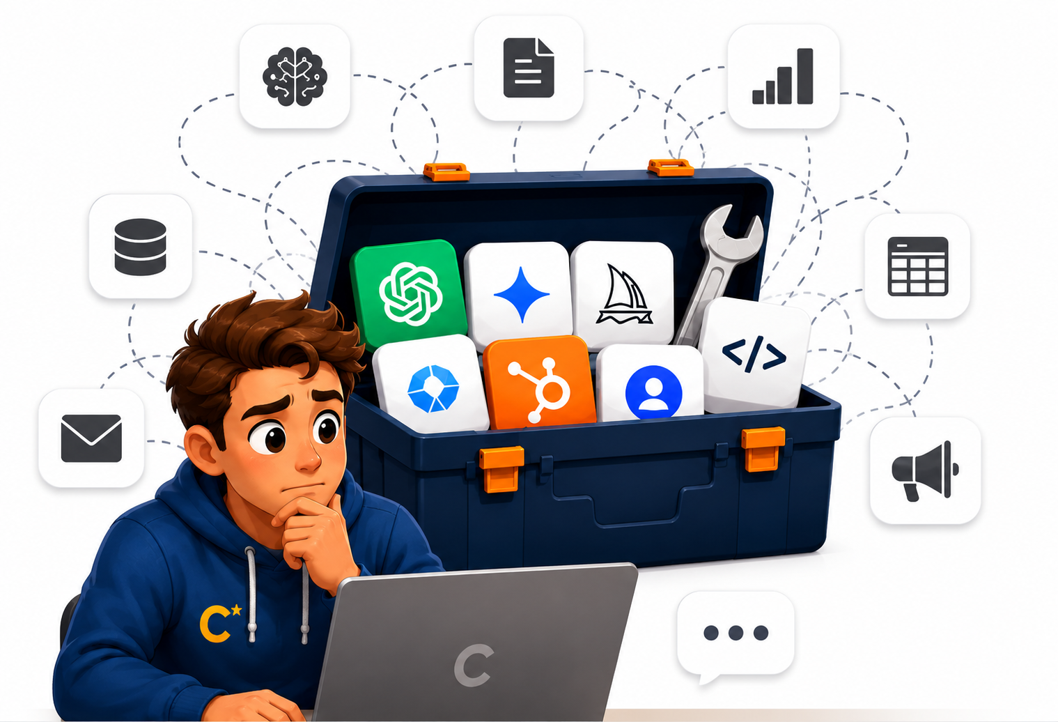 Overwhelmed owner facing a digital toolbox of disconnected AI apps before hiring BusinessStaff